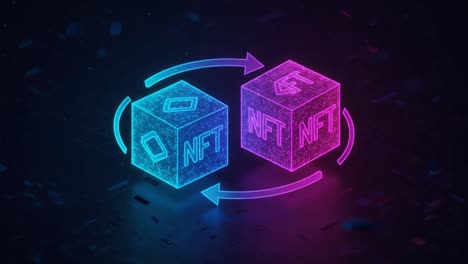 dynamic interaction of nfts: visual representation of blockchain tokens exchanging in a vibrant digital universe with neon colors and geometric patterns