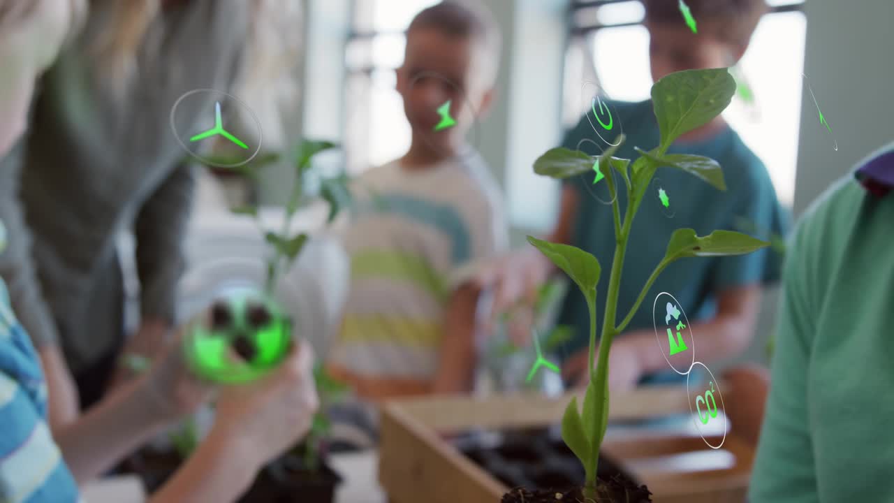 Child lifting seedling, causing AR overlays, kids inspecting roots and filling wood tray for lesson