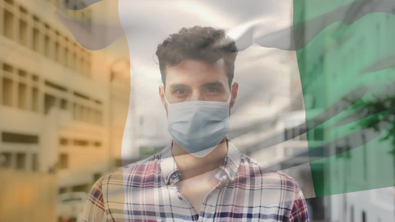 코로나19 전염병 기간 동안 마스크를 쓰고 있는 남자 위에 날아다니는 아이보리 코스트의  ⁇ 발의 애니메이션