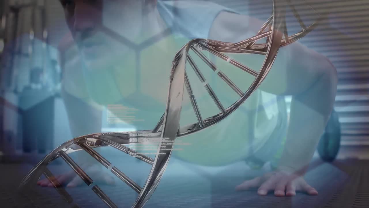 데이터 프로세싱과 강인한 사람의 운동을 하는 dna 가닥의 애니메이션