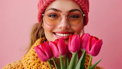 a cheerful woman with glasses and a beanie holding pink tulips