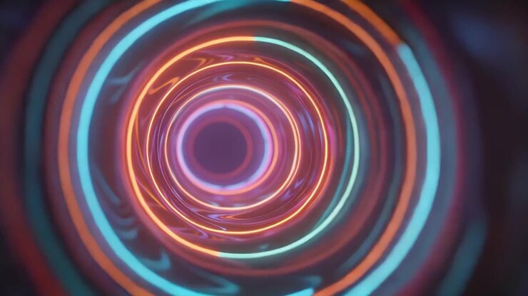 Câmera em loop atravessando um túnel de néon, com anéis rosa-ciano-laranja em espiral em direção a um núcleo escuro.