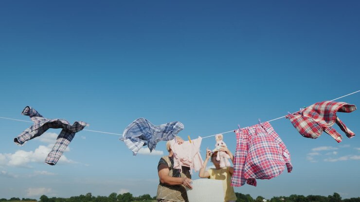 The Girl Helps Her Grandmother Hang Clothes For Drying On A Clear Summer Day Against A Blue Sky