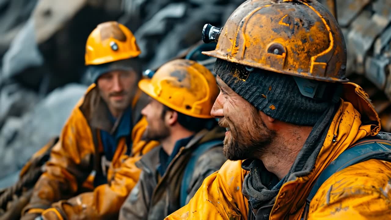 Шахтёры отдыхают на горном участке. Трое шахтёров сидят вместе на каменистом участке. Они в касках и оранжевых куртках, улыбаются во время перерыва.