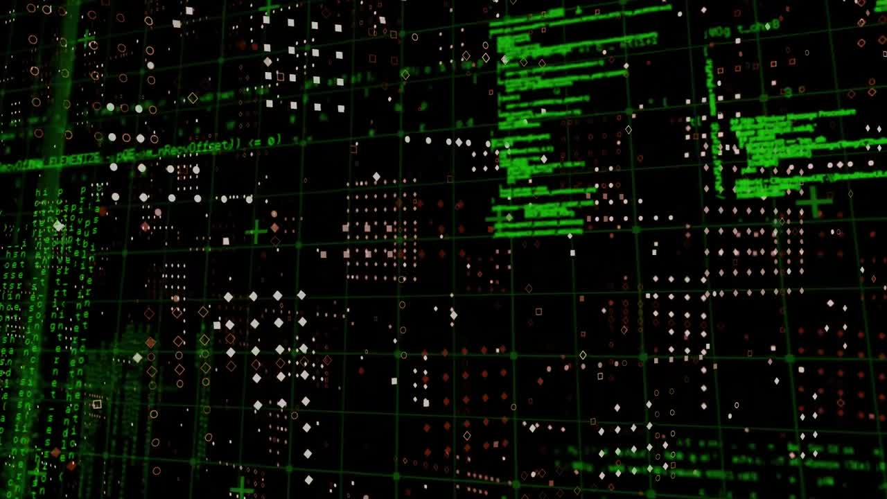 animación del procesamiento de datos a través de la red de cuadrícula contra el patrón de puntos de filas en fondo negro.