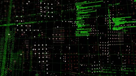 animation of data processing over grid network against rows dots pattern on black background