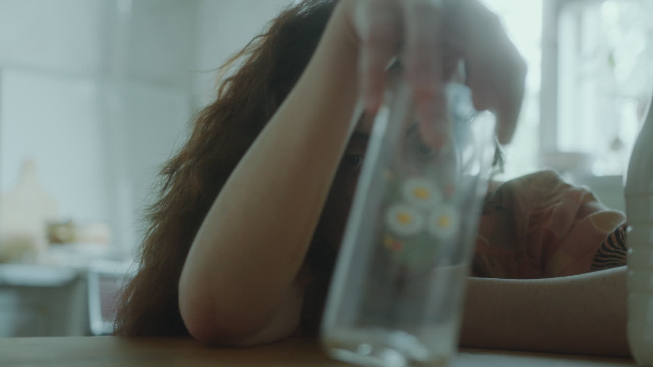 안경을 쳐다보며 부 테이블에 머리를 고 있는 우울한 여자