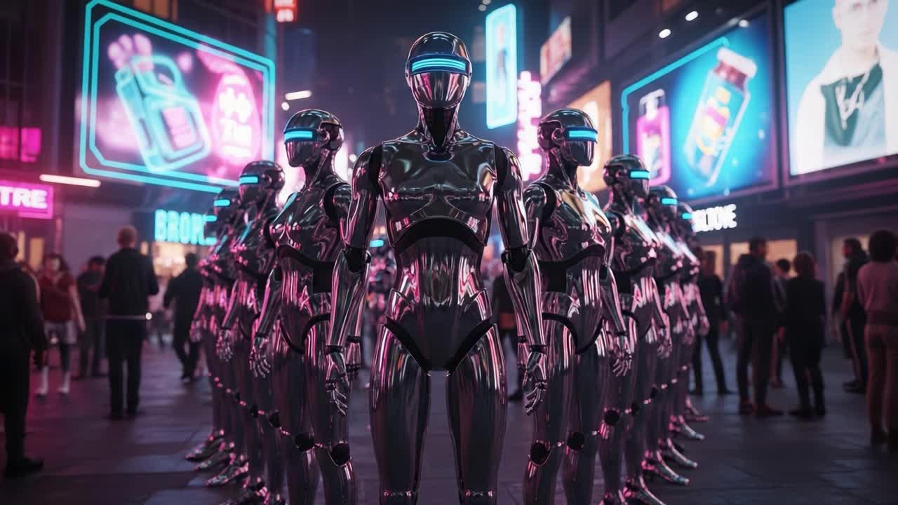 A Futuristic Scene Featuring Gleaming Robotic Figures in a Vibrant Neon City, Surrounded by Bright Advertisements and Intrigued Onlookers