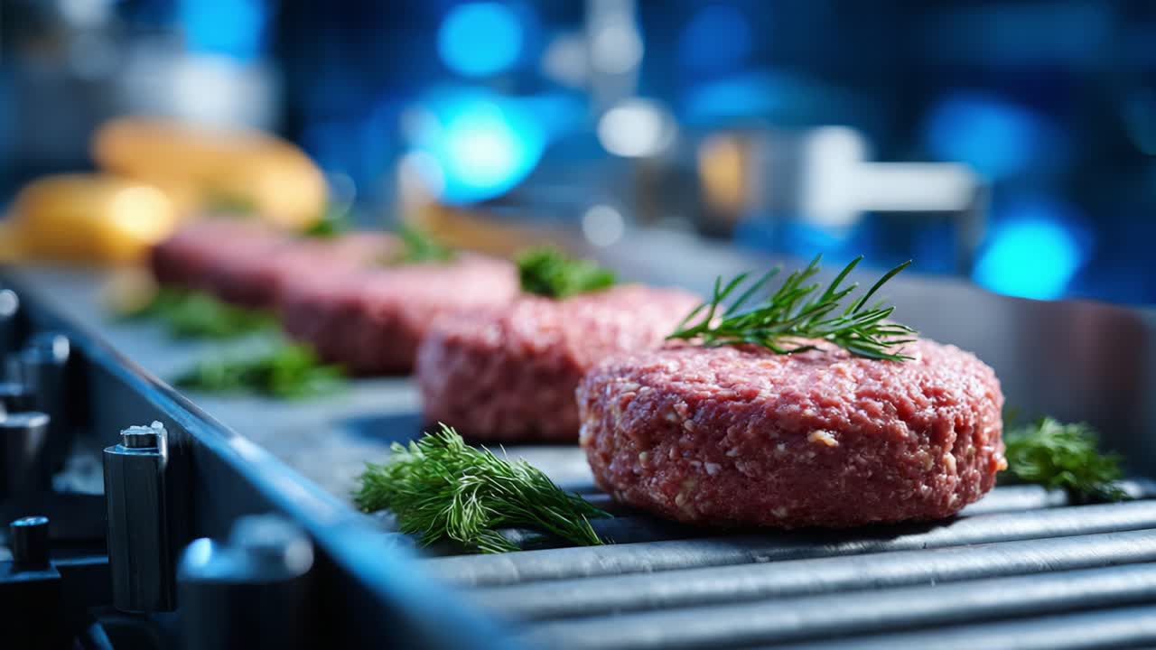 Freshly Prepared Raw Beef Patties on a Production Line, Showcasing the Craft and Precision of Meat Processing with Green Herbs for Flavor Enhancement
