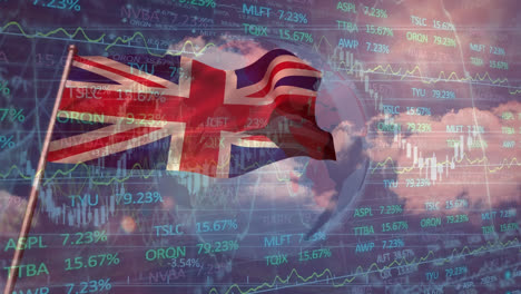 animation of stock market data processing over waving uk flag against globe and blue sky