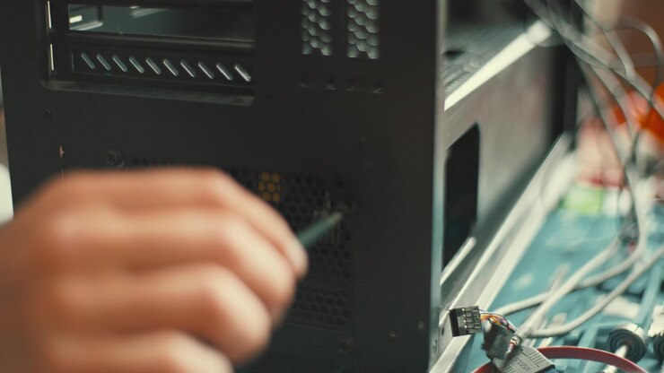 Building a computer at a desk with tools and parts in a welllit room while focusing on the power