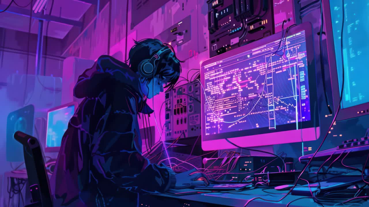 Cyberpunk-themed video concept with a side angle view of a hacker in a neon-lit room