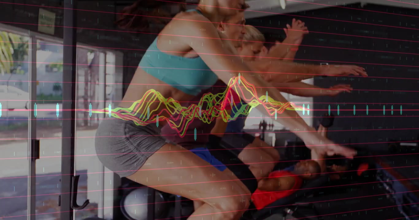 Gym group responding on beep, performing box jumps and bench pressing with waveform tracking power