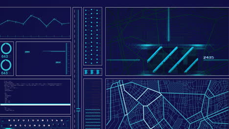 animation of graph, loading circles and bars, computer language and navigation pattern