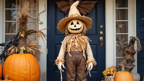 halloween porch decor with pumpkins and scarecrow