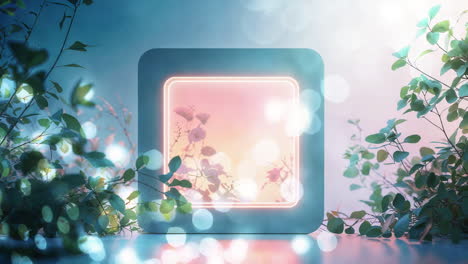 abstract glowing blue frame with lush greenery and bokeh lights