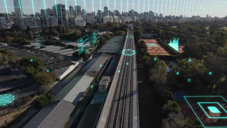 vías ferroviarias aéreas en ciudad moderna digital con comunicación de datos de alta tecnología: gráfico de iluminación de neón y gráfico de movimiento de diagrama con el horizonte de buenos aires en segundo plano durante la luz del sol