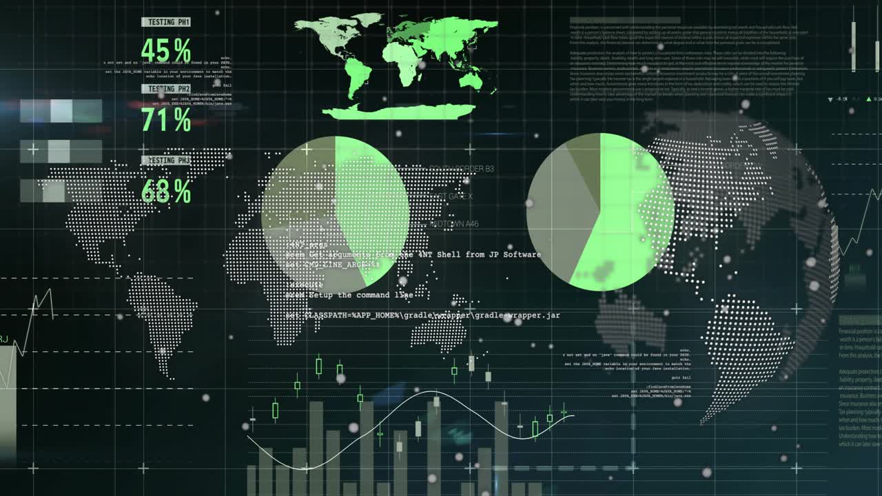 Data pulse starting global dashboard, pies filling, charts moving, globe spinning showing metrics