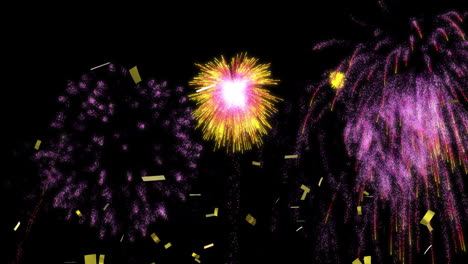 animación de coloridos fuegos artificiales de navidad y año nuevo y confeti dorado en el cielo nocturno