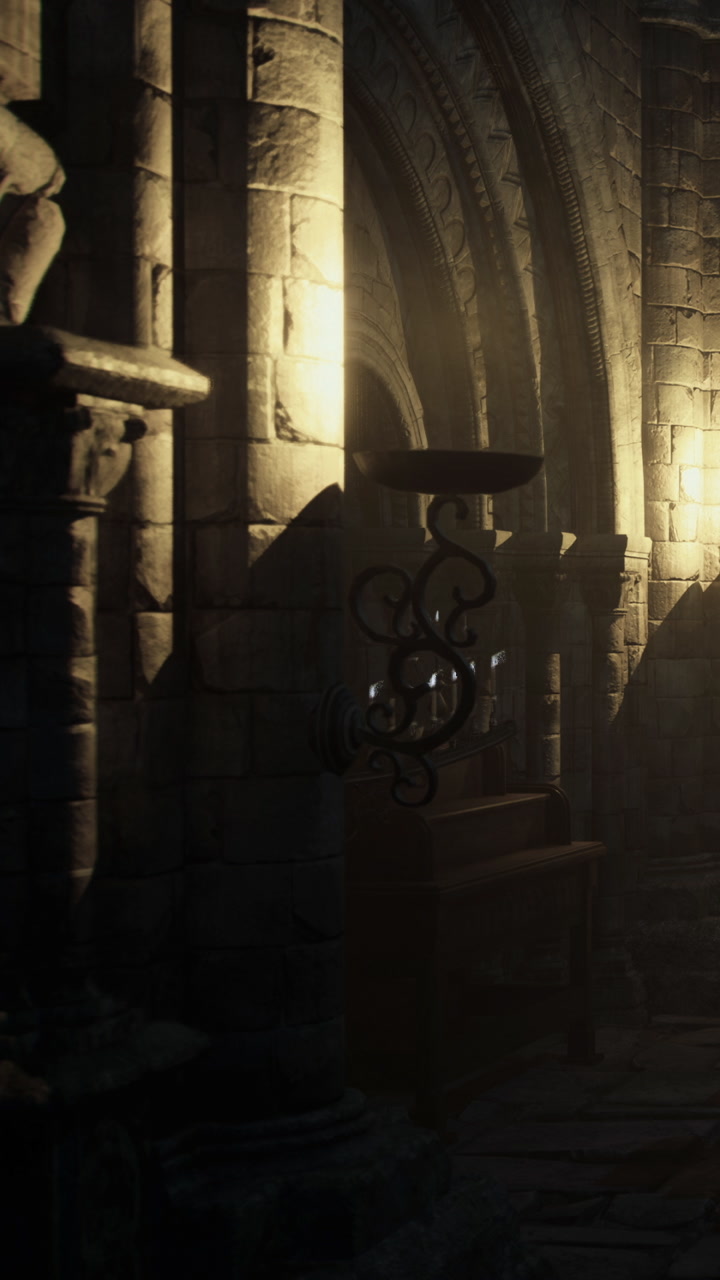 Light and shadows dance inside an ancient stone building at dusk