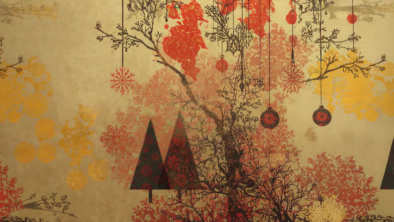 Panning camera over holiday wallpaper, revealing stylized triangular trees and hanging ornaments