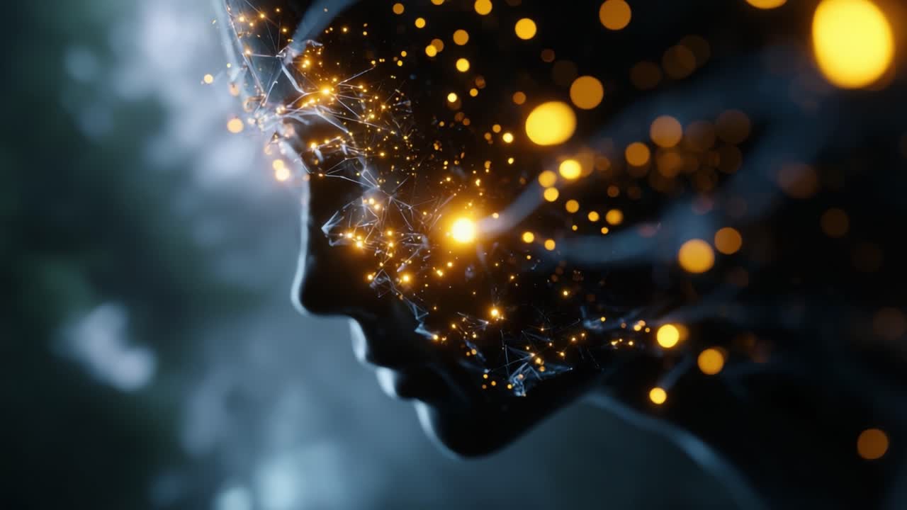 A mesmerizing depiction of an ethereal face composed of luminous particles and intricate patterns, embodying the harmony of technology and human essence