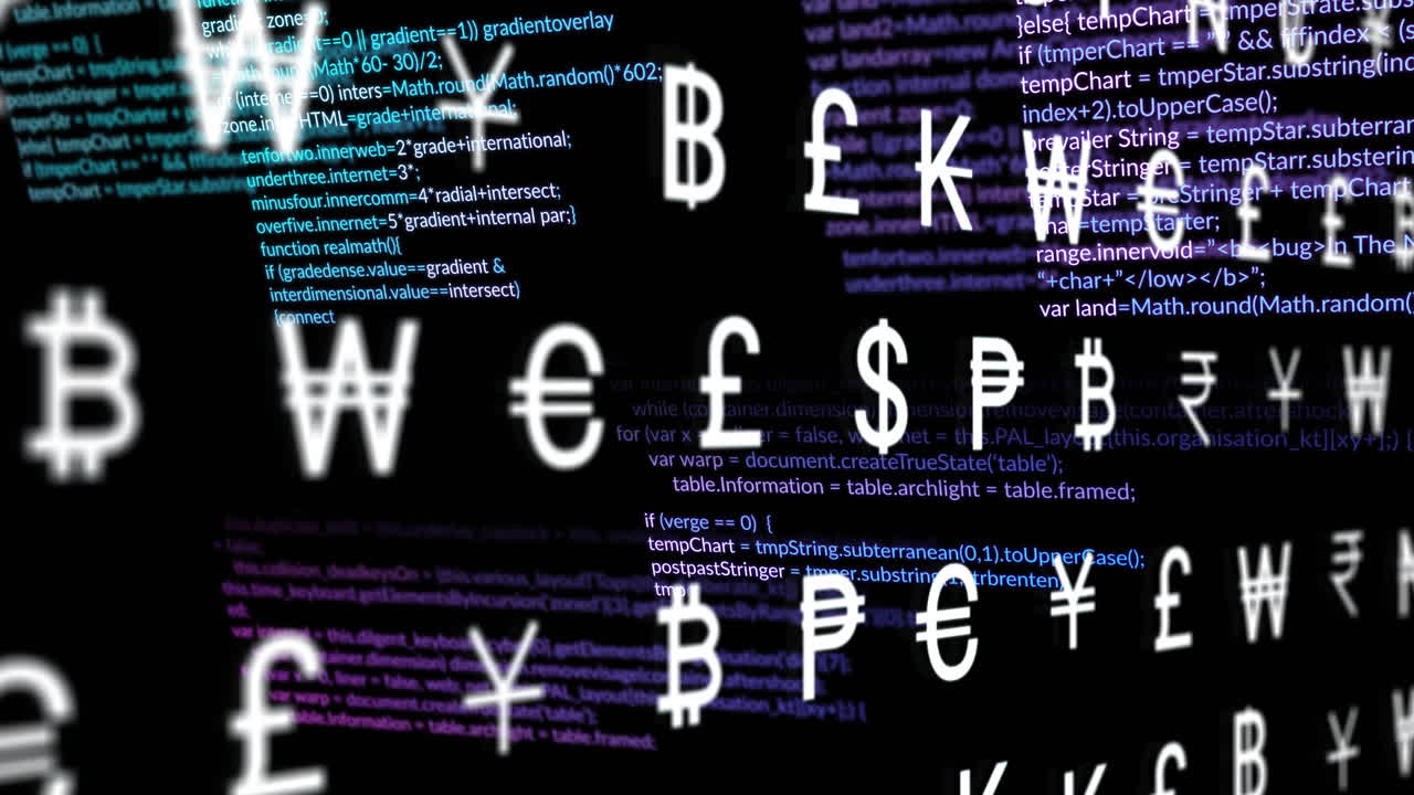 Animation of multiple currency symbols over data processing against black background