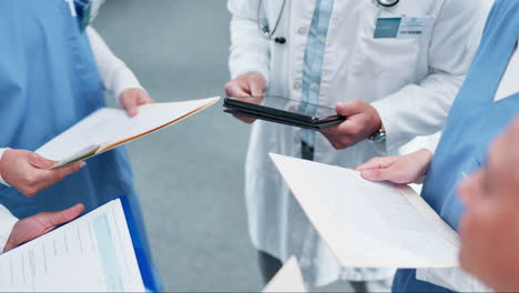 people, doctor and hands in meeting with documents