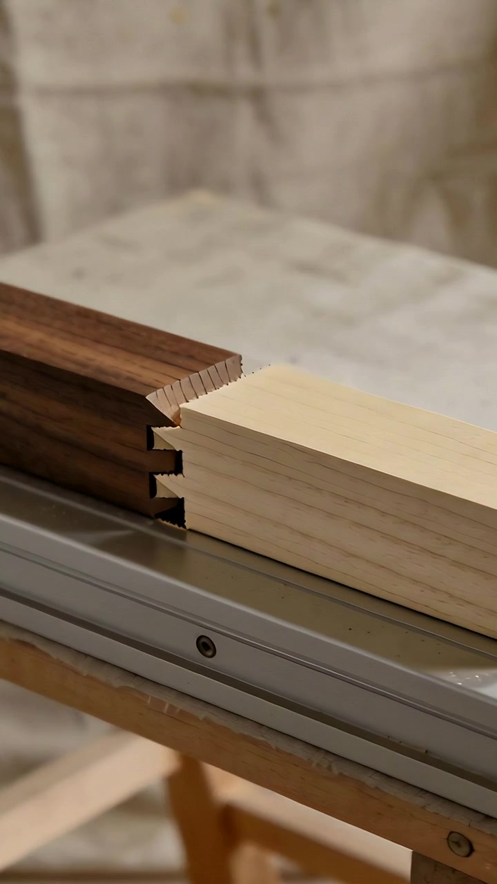 Video verticale: Blocco chiaro di legno scuro che scorre lungo un binario, mostrando incastri a pettine per l'assemblaggio.