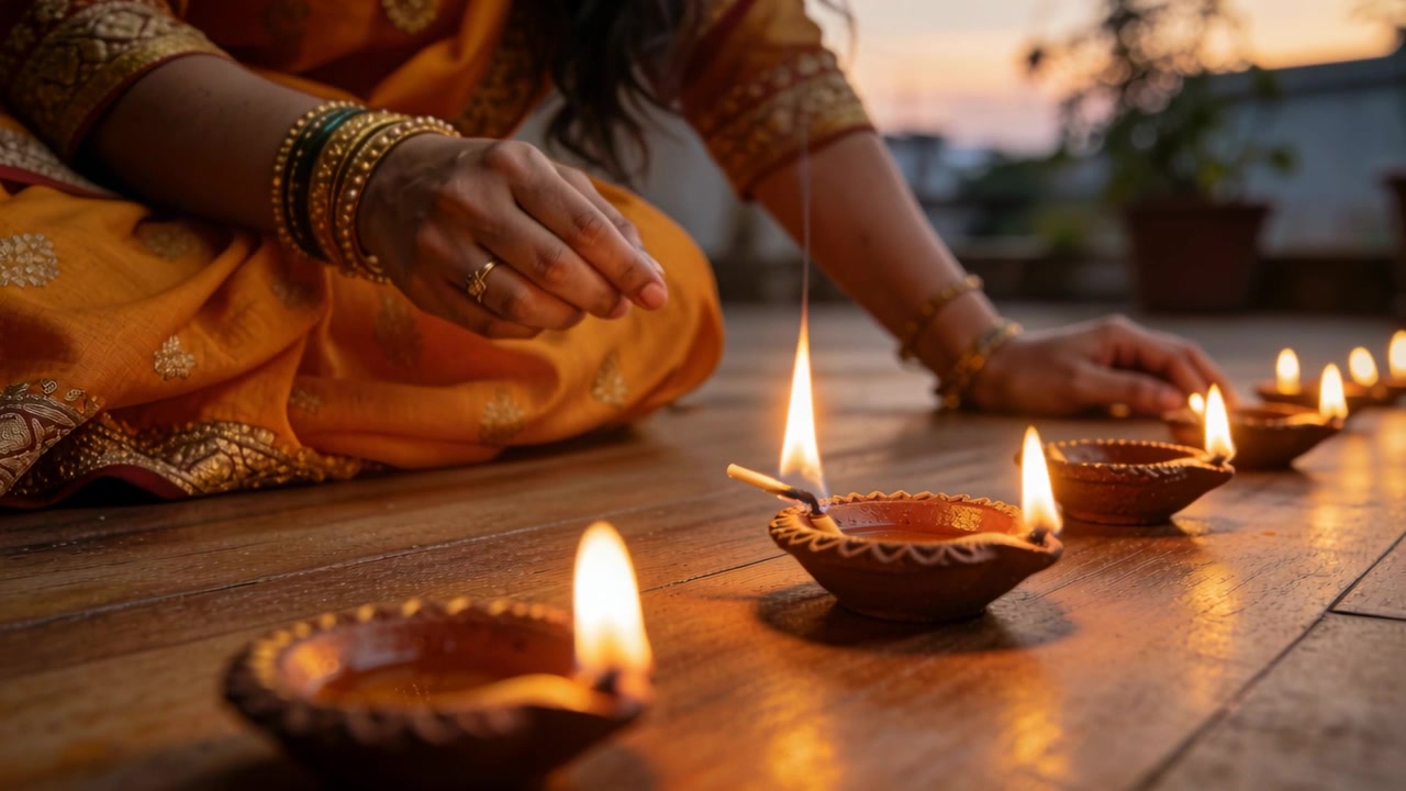Lighting kneeling woman in yellow dress with bangles on terrace at dusk, bringing match to diyas