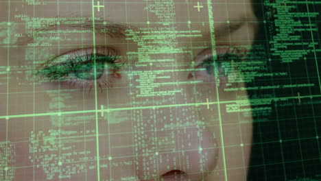 data processing over grid network against close up of female eyes