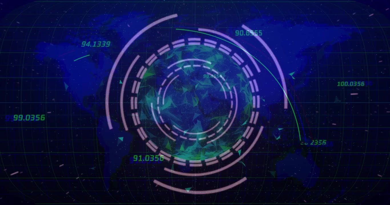 Map grid filling screen initiating hologram globe, rings rotating, arcs scanning, visualizing data