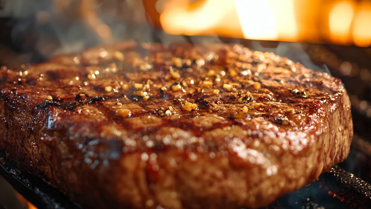 A piece of meat is on a grill, with a lot of seasoning on it. Concept of anticipation and excitement for the delicious meal to come