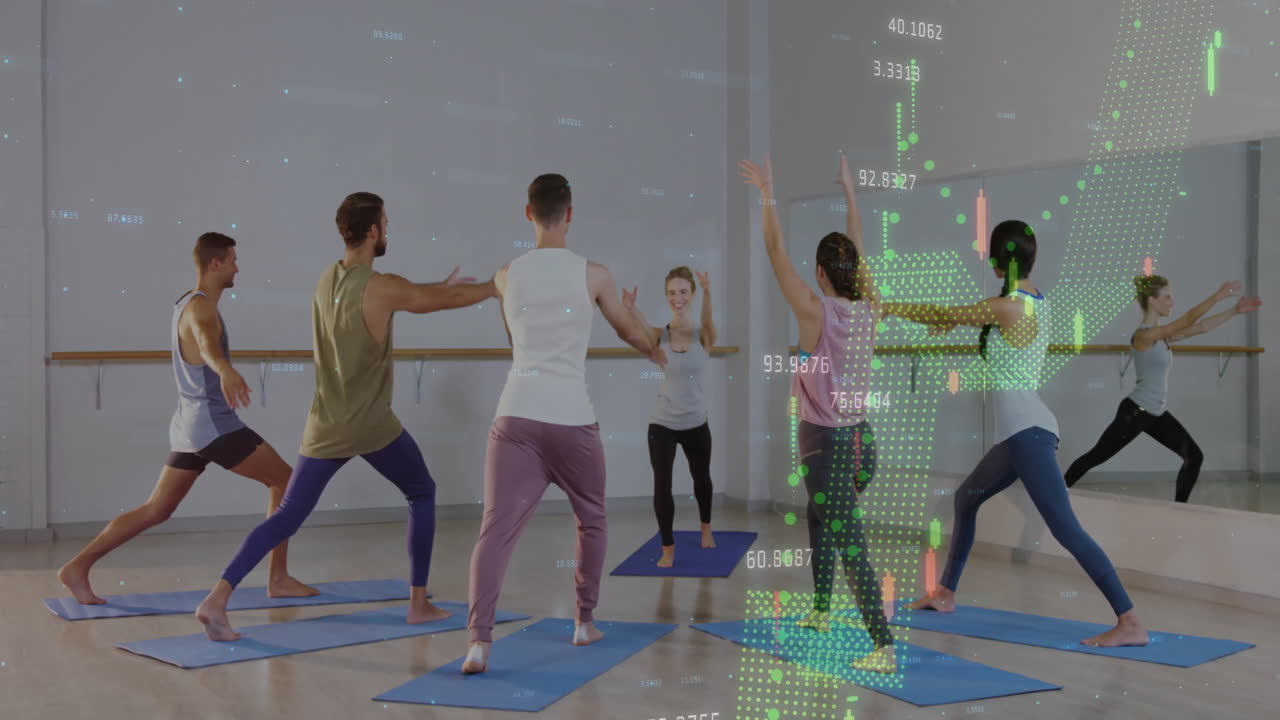 instructor leading yoga class with floating numbers and candlestick charts showing fitness stats