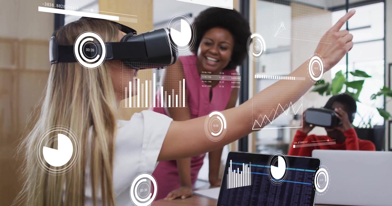 Mangfoldig team som samarbeider med VR-briller på et moderne kontor