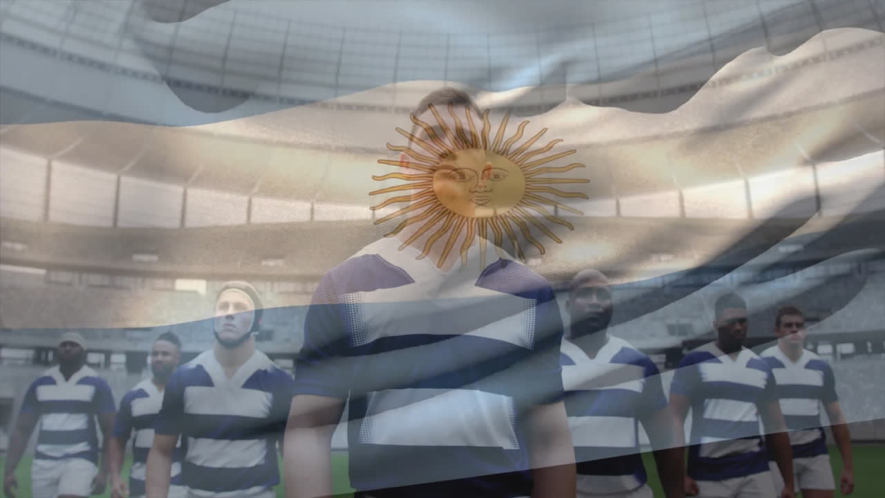 Standing on field, rugby players with Argentine flag overlay in animation