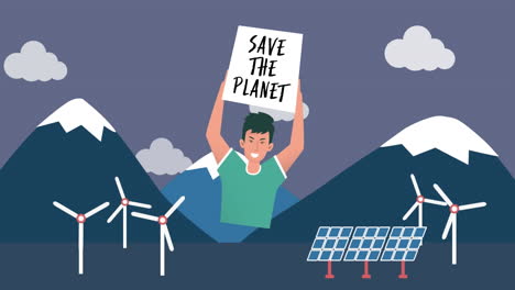 animation of man holding banner with save the planet in landscape with wind turbines