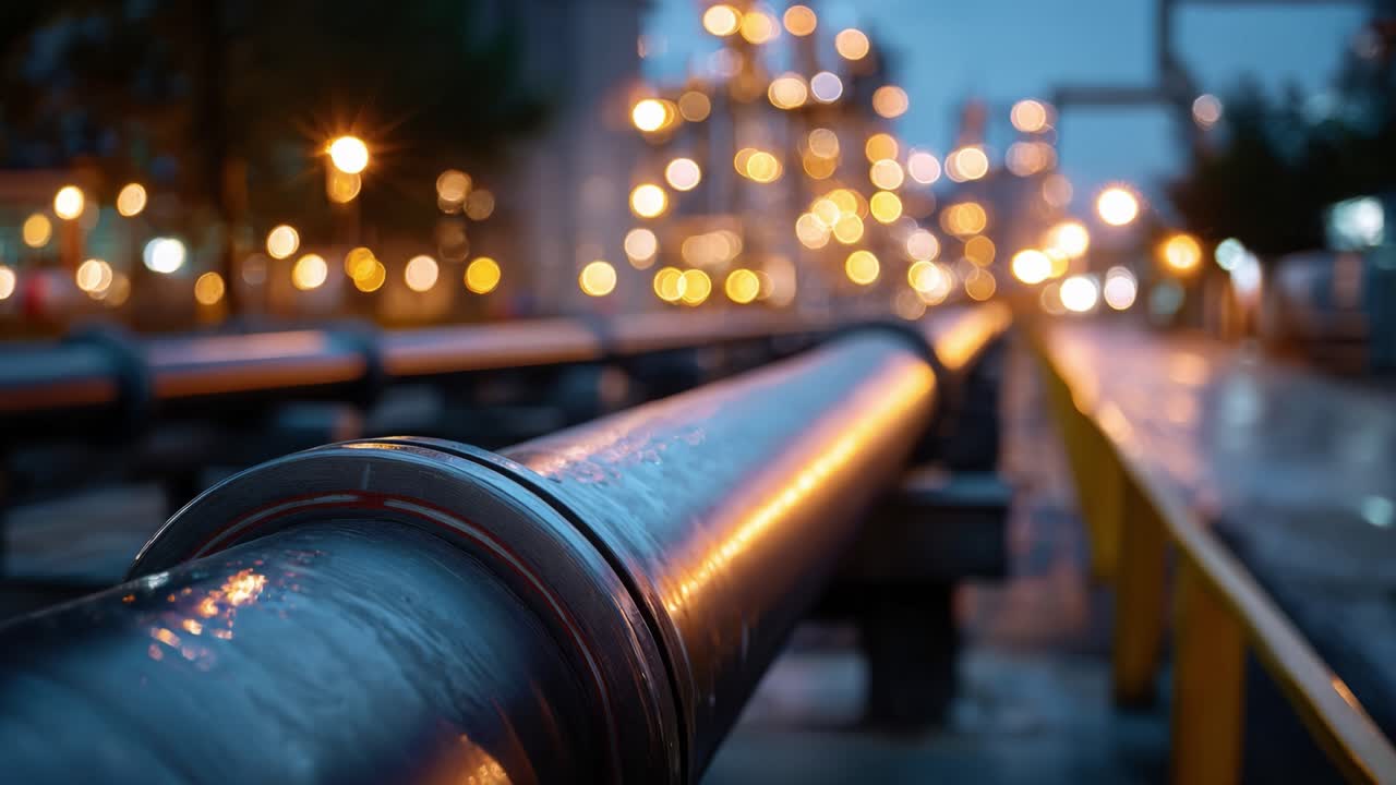 Um Oleoduto Brilhante ao Anoitecer: Capturando os Detalhes da Infraestrutura Industrial em um Ambiente Suavemente Iluminado com Efeitos Bokeh no Fundo