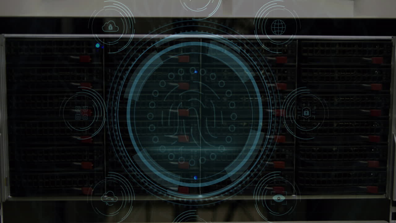 animación del texto de protección de datos sobre el escudo, huella dactilar en círculos contra el componente electrónico