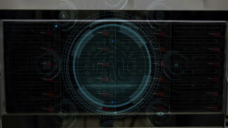 Animation of data protection text over shield, fingerprint in circles against electronic component