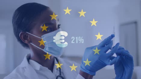 Animation-of-eu-flag-and-euro-symbol-over-african-american-female-doctor-with-vaccine