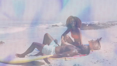 couple soaking up sun on beach showing animated surfboard icon and wave graph for tourism marketing