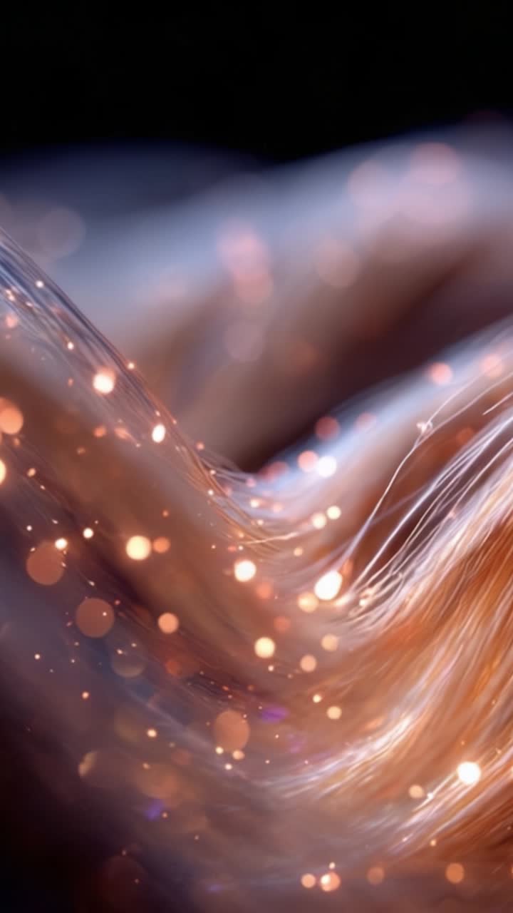 Onde scintillanti di luce e colore: un primo piano ipnotizzante di filamenti eterei che evocano un paesaggio onirico pieno di elementi scintillanti e movimento fluido