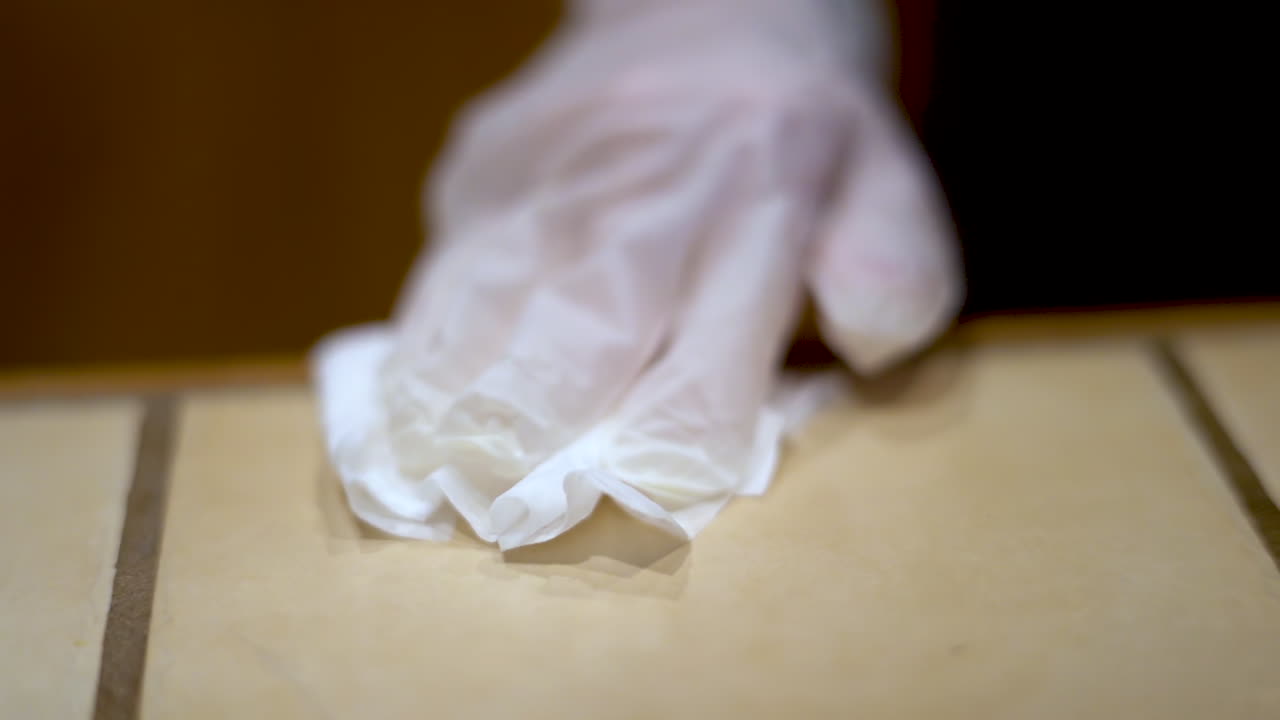 Corona Virus Prevention. Slowmotion of Hand in Glove Cleaning Surface With With Tissue and Disinfection Fluid