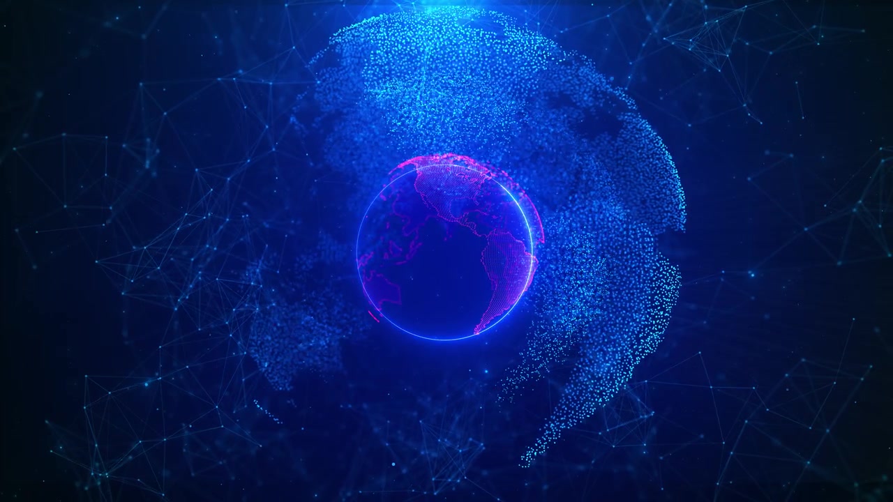 Blue pink digital globe with particle earth sphere network mesh glowing dots and futuristic world