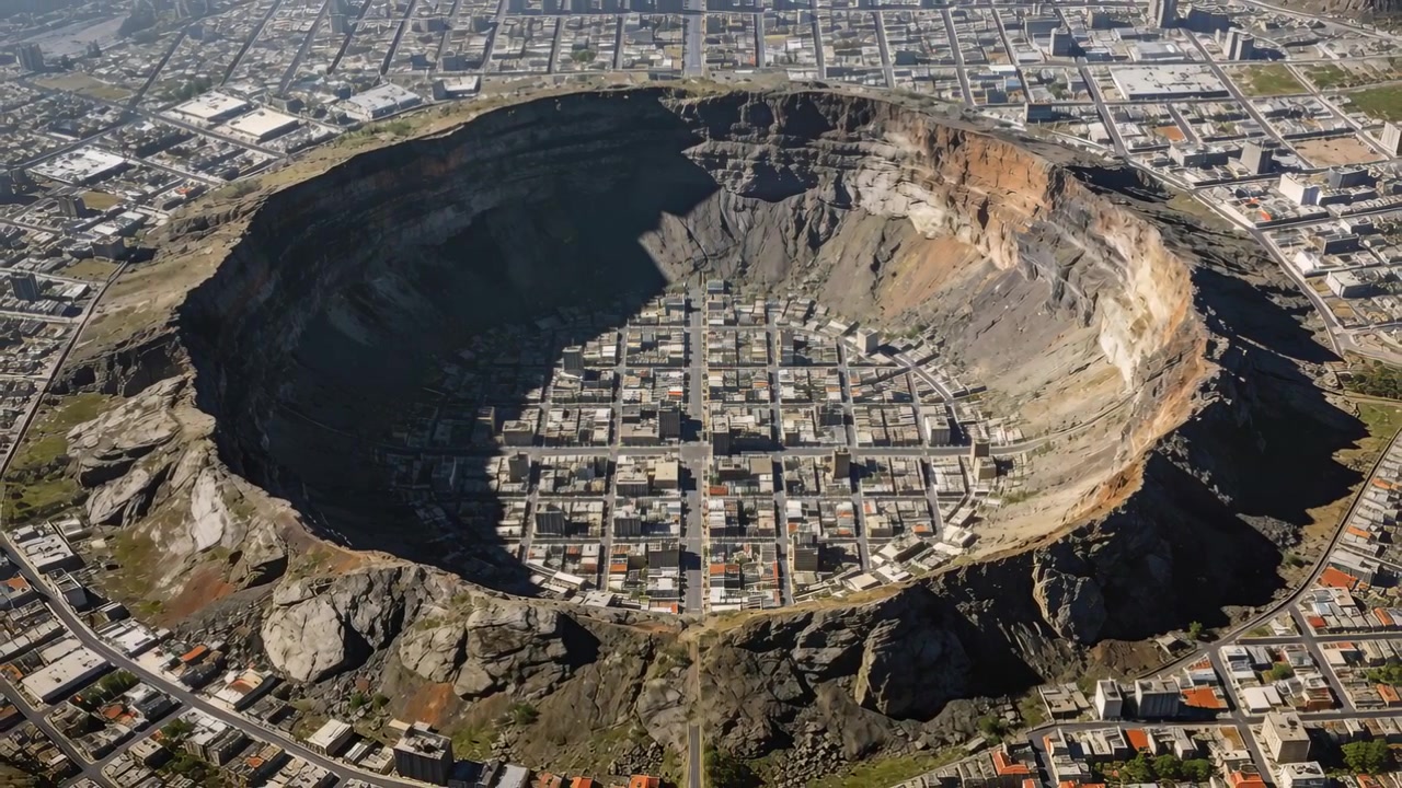 Ascending drone pulling back camera, revealing circular crater with compact town grid, sunlit rim