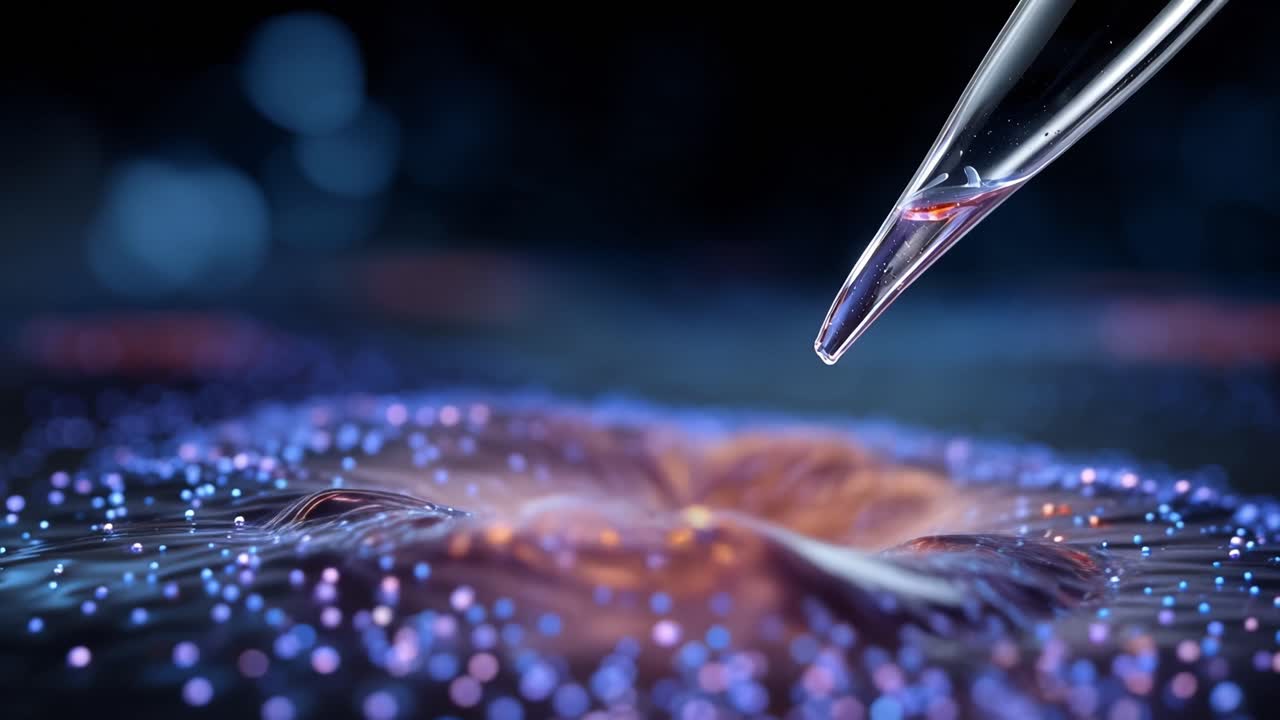 Primo piano di una gocciolina rilasciata da una pipetta su una superficie con particelle colorate, che evidenzia l'esplorazione scientifica e la precisione nella manipolazione dei liquidi