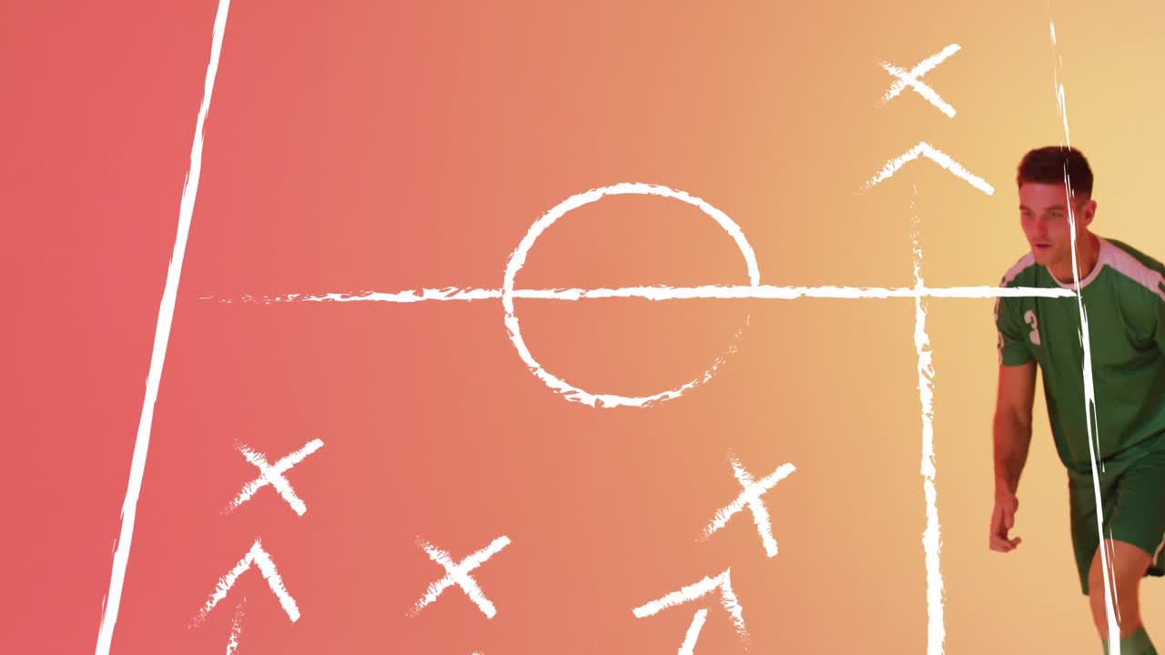 스타디움 그림 위에 백인 남성 축구 선수의 애니메이션