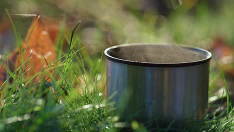 Metal-mug-warm-drink-standing-lawn-close-up.-Cozy-autumn-scenery-rising-vapor.