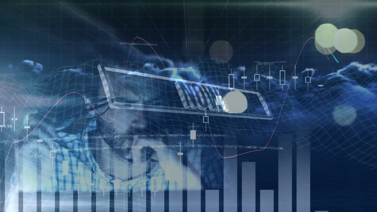 클라우드 위의 데이터 처리 애니메이션, 백인 남성 프로그래머와 검은색 배경